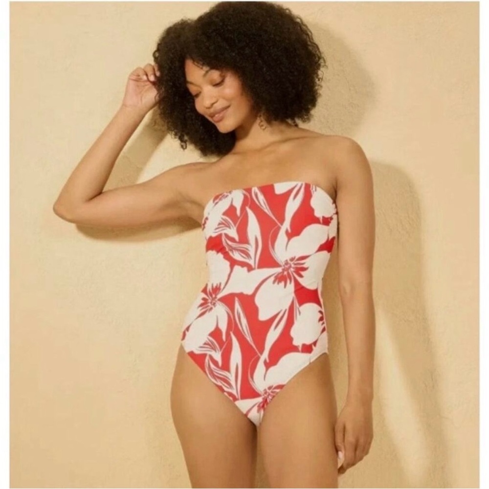 Shade & Shore Red and White Floral Strapless One-Piece Swimsuit